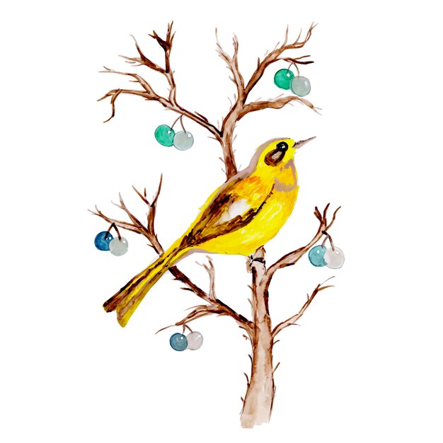 Linda aquarela pássaro exótico em um fundo de ramo