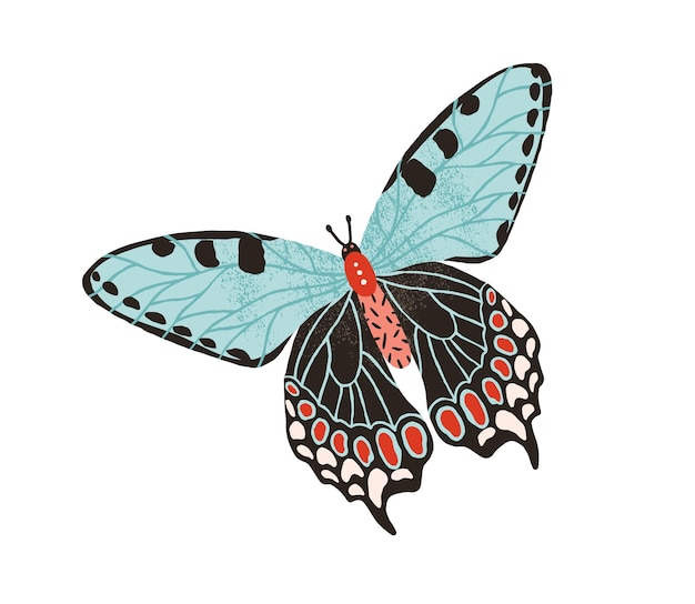 Vetor linda borboleta com asas pastel e antenas isoladas no fundo branco. mão desenhada linda mariposa voadora colorida. ilustração em vetor plana texturizada colorida.