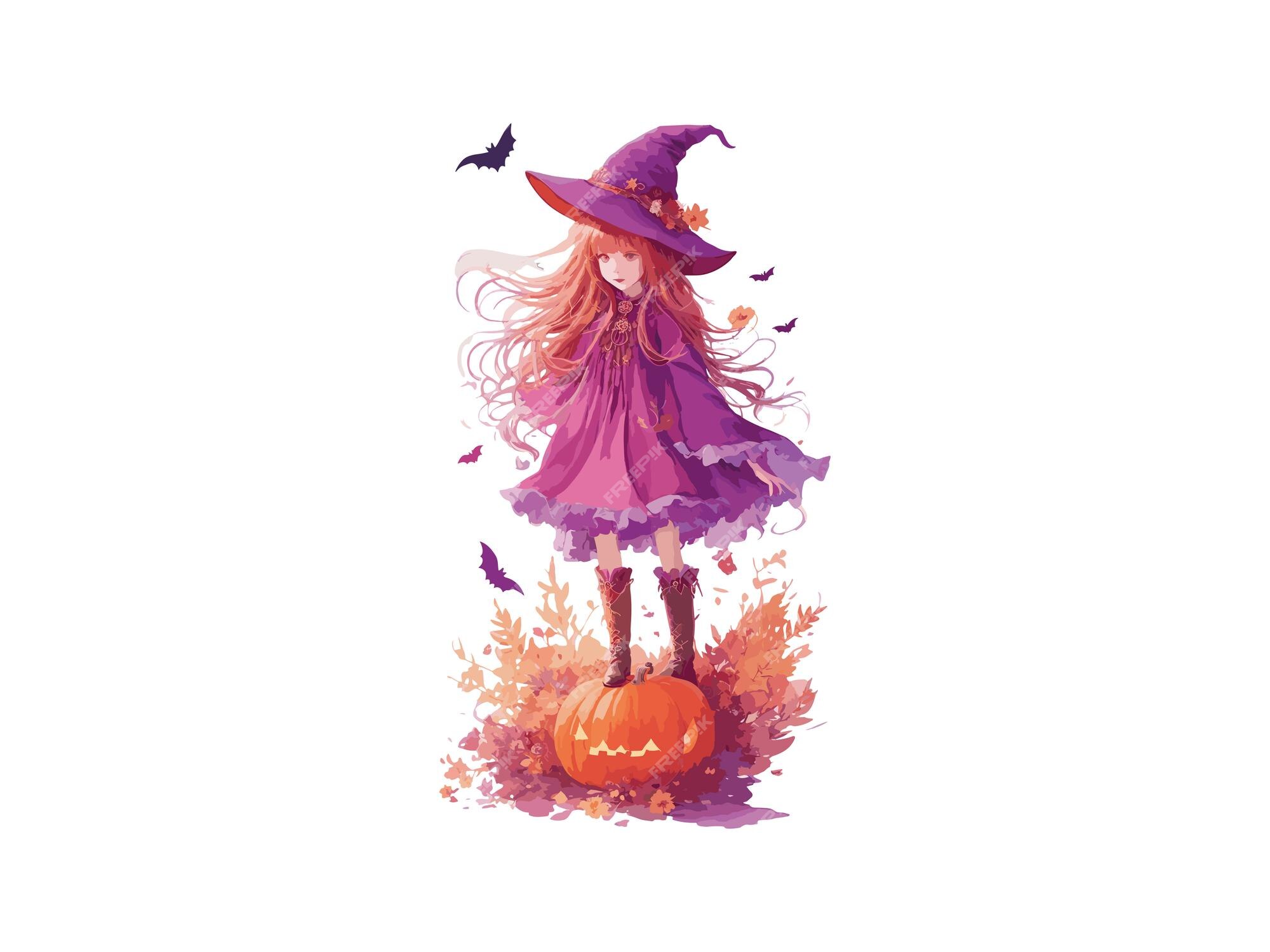 Bruxa bonita com fundo de halloween vara mágica no vestido roxo montar uma  flor, personagem vector plana, Vetor Premium