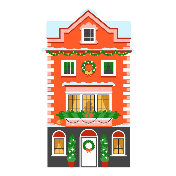 Linda casa de Natal com guirlandas. Fachada europeia no inverno com neve e decoração. ano novo h