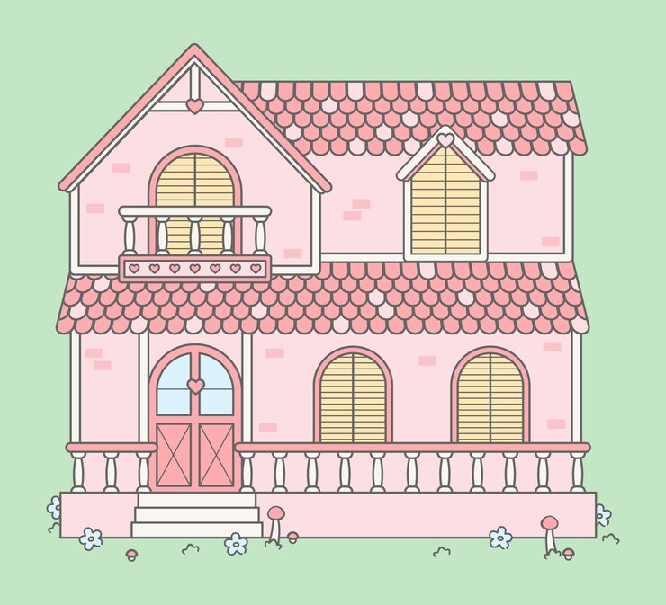 Vetor linda casa suburbana kawaii edifício residencial de tijolo vermelho