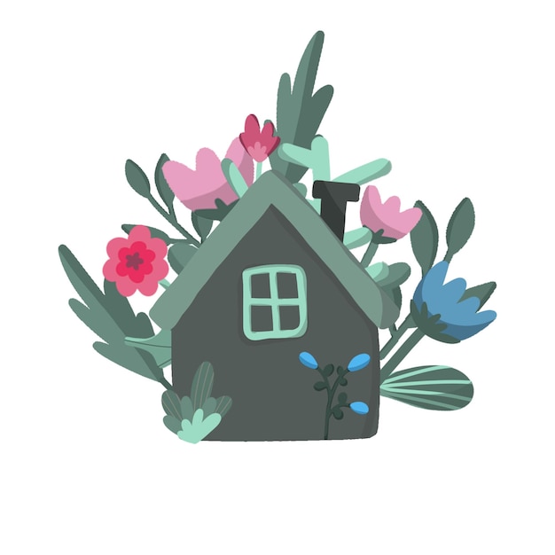 Linda casinha decorada com elementos de design de estilo doodle de flores silvestres