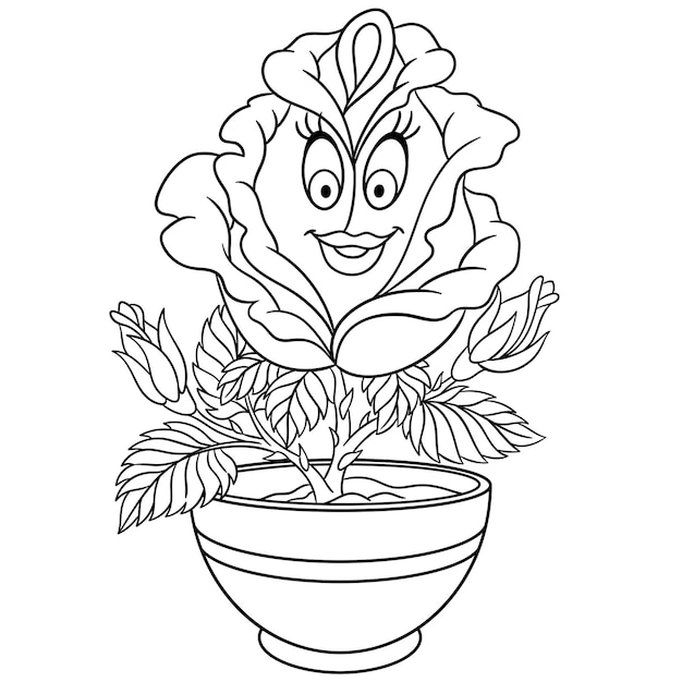 Linda flor rosa em pote. cara de emoji de comida engraçada dos desenhos animados. desenho infantil para colorir.