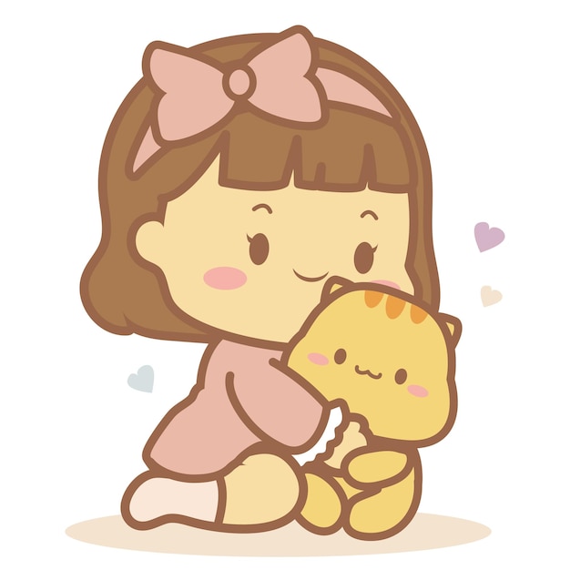 Linda garota abraço gato desenho animado estilo chibi vetor cor pastel