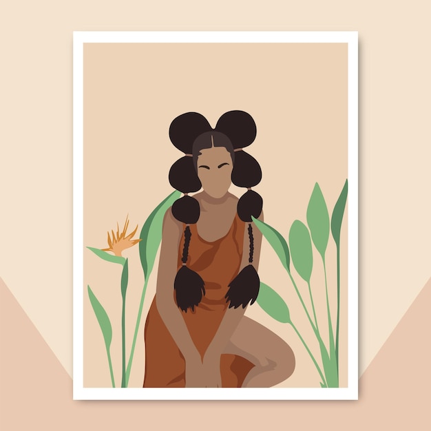 Linda garota afro negra com fundo de folha tropical, desenho vetorial plano, tela de parede de ilustração