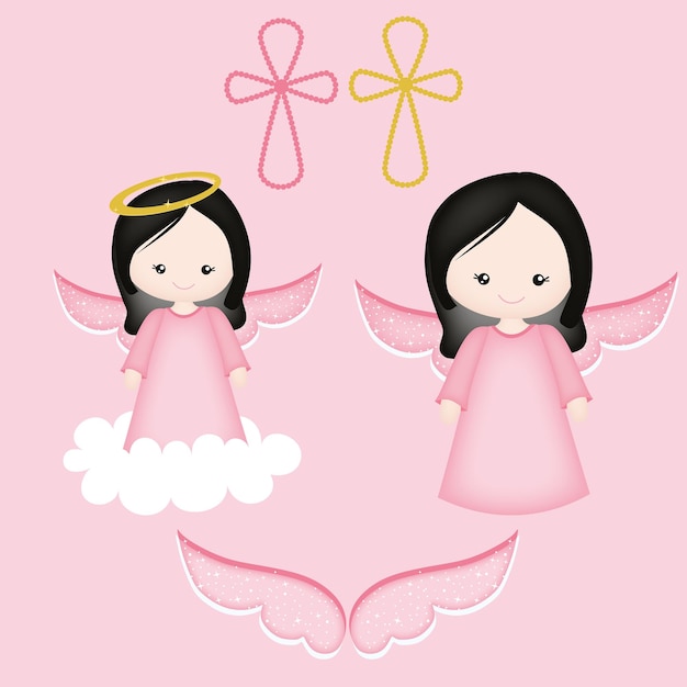 Vetor linda garota anjo com asas roupa rosa cabelo preto