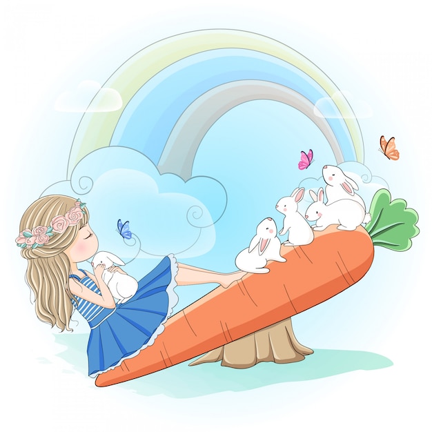 Vetor linda garota brincando com coelho na gangorra de cenoura