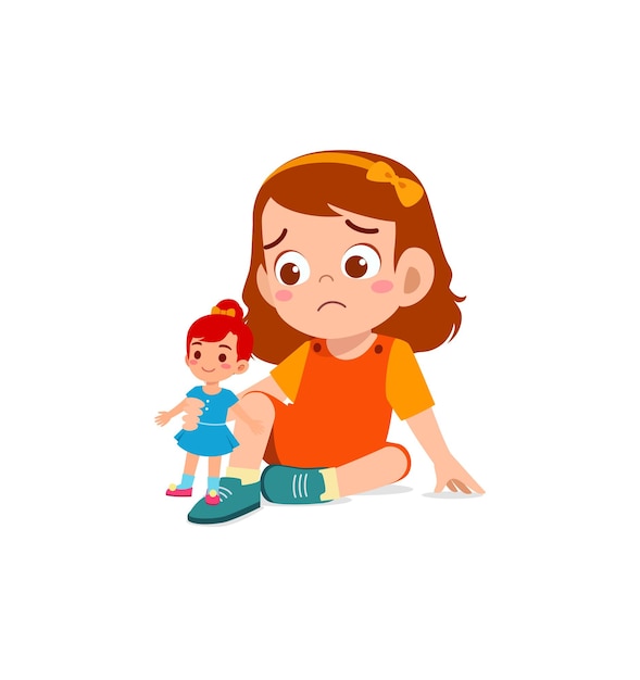 Linda garota brincando de boneca sozinha e se sentindo triste