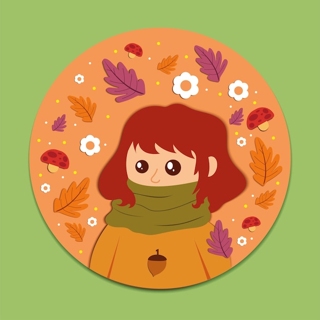 Vetor linda garota cercada por folhas de outono arte de papel de outono vetor grátis