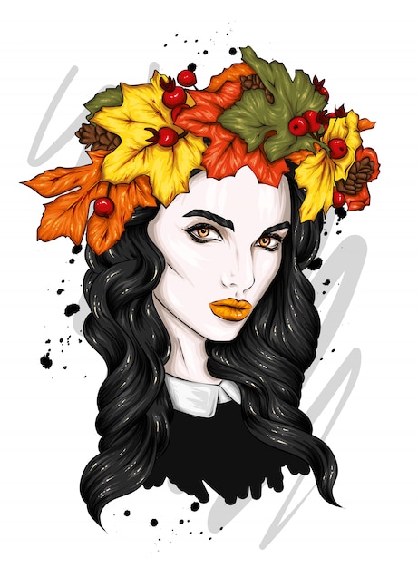 Linda garota com cabelo comprido em uma coroa de folhas de outono.