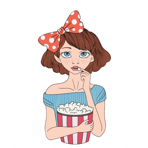 Linda garota com com xícara de pipoca. Mulher jovem no cinema. ilustração do retrato, em fundo branco.