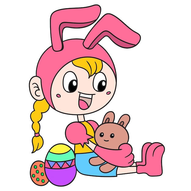 Linda garota com fantasia de coelho dá as boas-vindas à páscoa com ovos. ilustração arte, doodle ícone imagem kawaii.