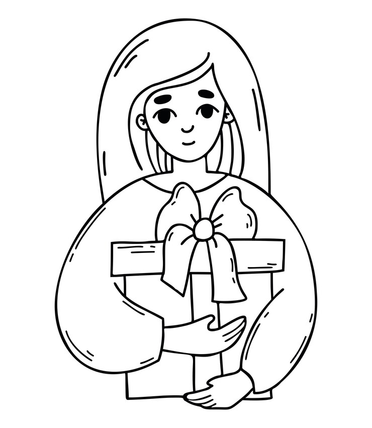 Vetor linda garota com grande caixa de presente doodle de personagem feminina