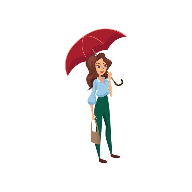 Linda garota com ilustração vetorial de conceito de tempo chuvoso de guarda-chuva vermelho isolado em um fundo branco