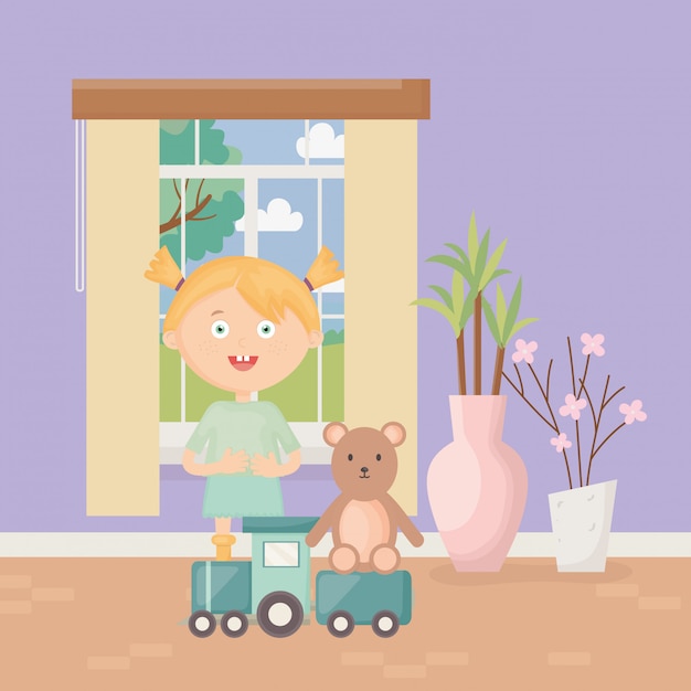 Linda garota com trem e pelúcia em casa, brinquedos para crianças