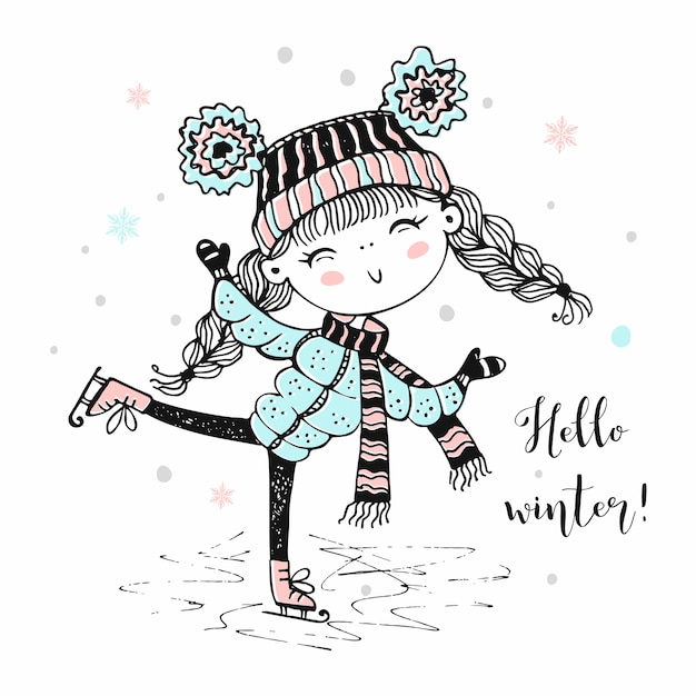 Linda garota com um chapéu de malha patinando. olá inverno.