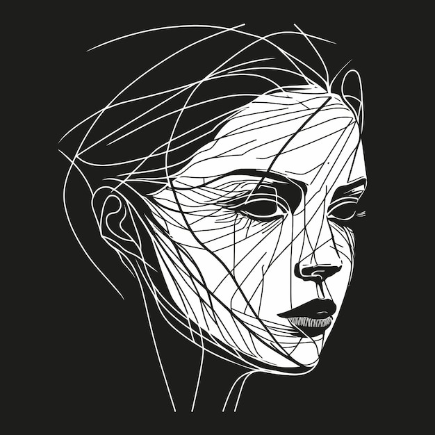 Linda garota Contour Generative AI uma linha cabeça desenho preto e branco fundo escuro moda jovem contorno bonito avatar modelo arte conceito artístico ilustração vetorial