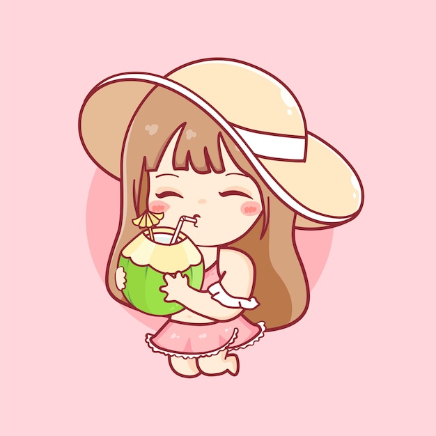 Linda garota de biquíni bebe coco fresco ilustração kawaii de férias de verão