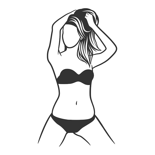 Linda garota de biquíni desenho preto e branco ilustração de arte de linha de corpo de linda mulher curvilínea