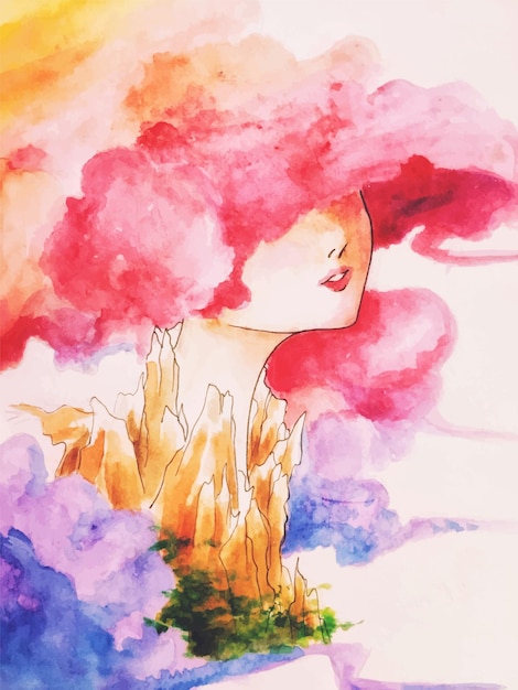 Linda garota de cabelo nublado colorido. Vetor. Pintura artesanal. Presente. Ilustração de menina. arte mangá