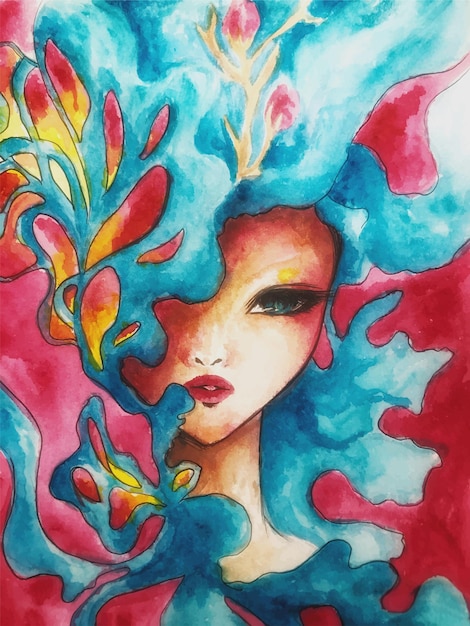 Linda garota de cabelo nublado colorido. Vetor. Pintura artesanal. Presente. Ilustração de menina. arte mangá