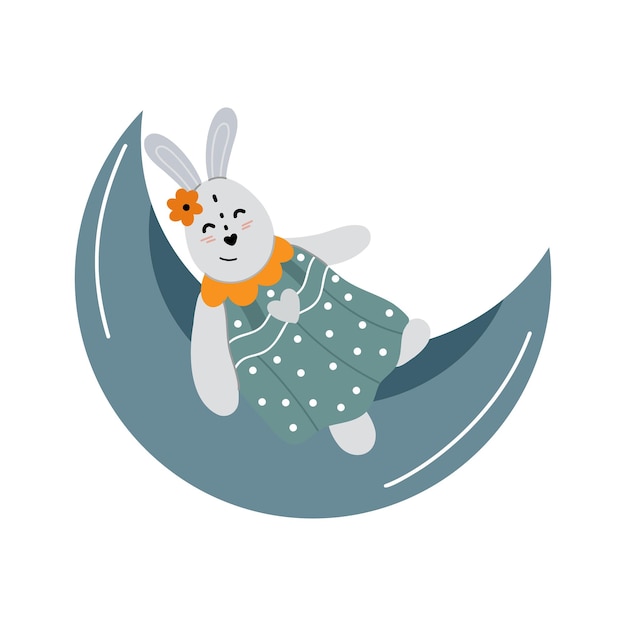 Linda garota de coelho em um vestido sentado na lua
