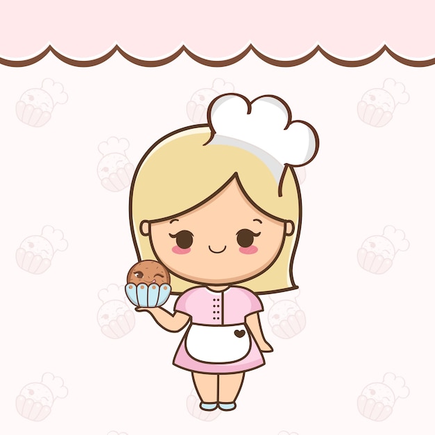 Linda garota de desenho animado com vetor de ilustração de cupcake
