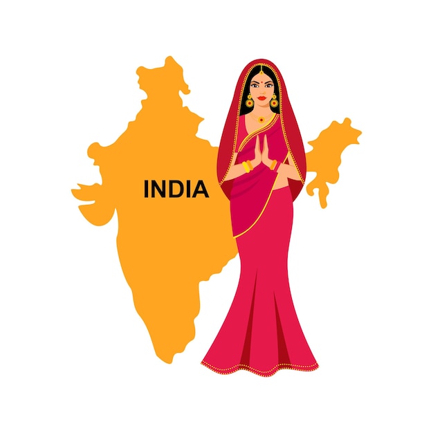 Linda garota de vestido nacional em um mapa de fundo da índia uma mulher indiana vestindo um tradicional