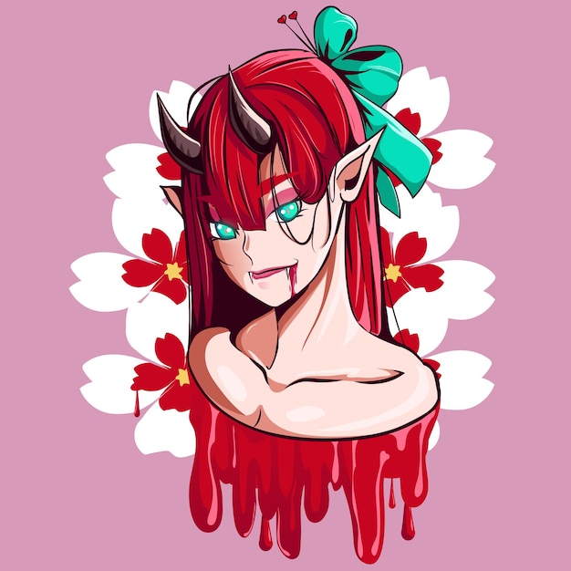 Linda garota demônio com flores brancas e ilustração vetorial de sangue