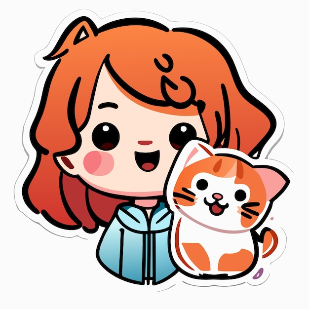 Vetor linda garota e gato kawaii mão desenhada desenho animado adesivo ícone conceito ilustração isolada