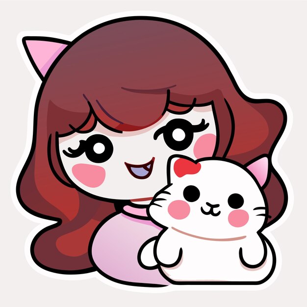 Vetor linda garota e gato kawaii mão desenhada desenho animado adesivo ícone conceito ilustração isolada