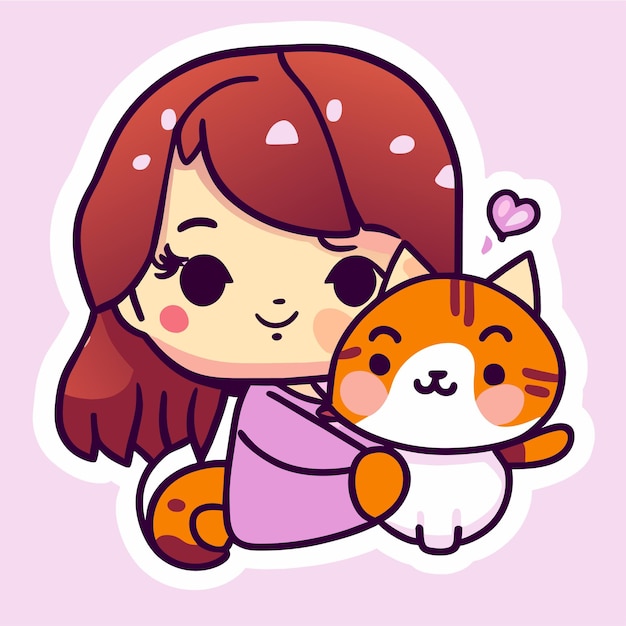 Vetor linda garota e gato kawaii mão desenhada desenho animado adesivo ícone conceito ilustração isolada