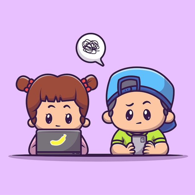 Linda garota e menino bonito jogando ilustração vetorial ícone dos desenhos animados do gadget. conceito de ícone de tecnologia de pessoas isolado vetor premium. estilo flat cartoon