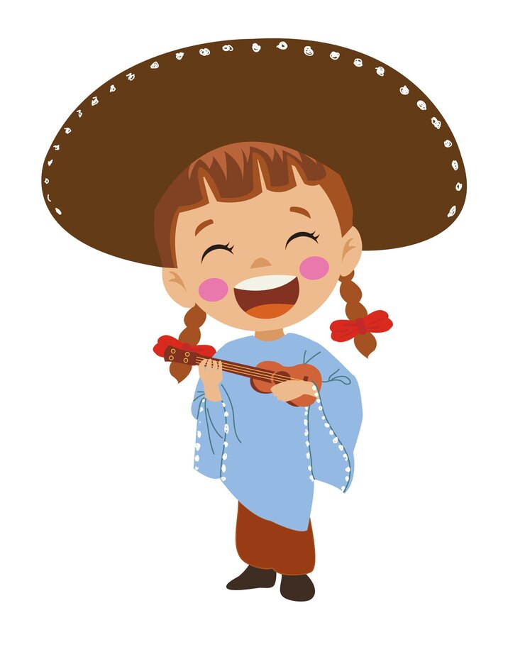Vetor linda garota em traje mexicano com pequena guitarra