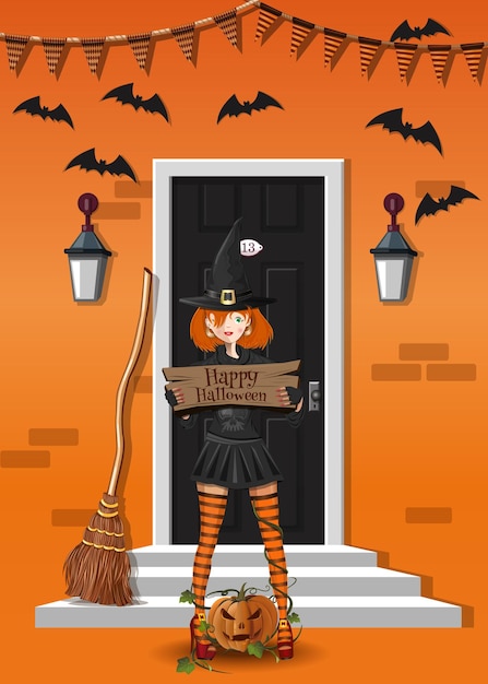 Linda garota em uma roupa de bruxa perto de uma casa decorada para o Halloween. Bruxa bonita parabeniza com o Halloween. Ilustração vetorial