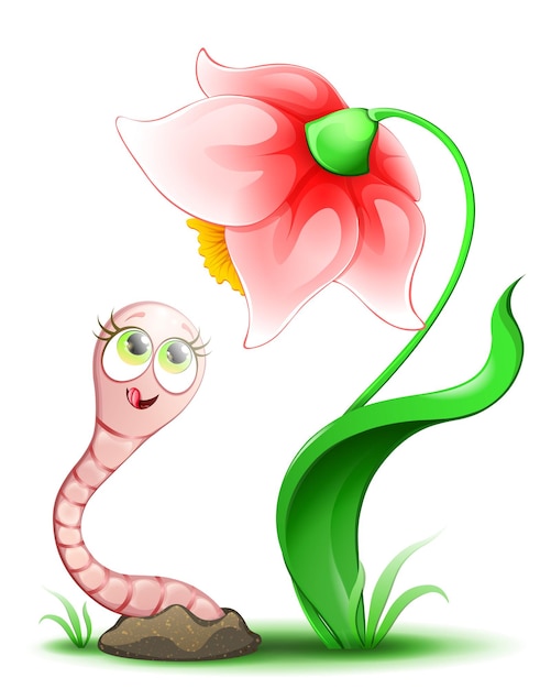 Linda garota engraçada de desenho animado espreitando do chão e olhando para a flor
