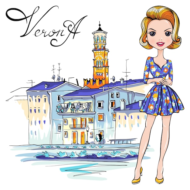 Linda garota fashionale em vestido florido, verona, itália. aterro do rio adige e a torre lamberti ao fundo