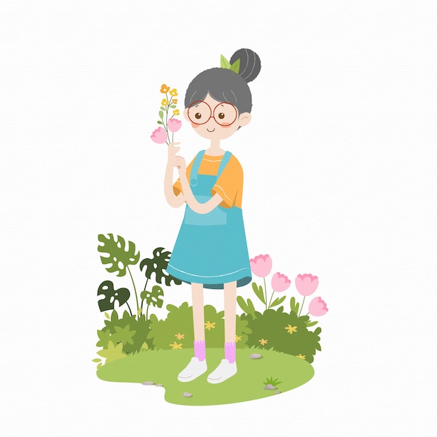 Vetor linda garota jardinagem segurando flor crianças livro ilustração