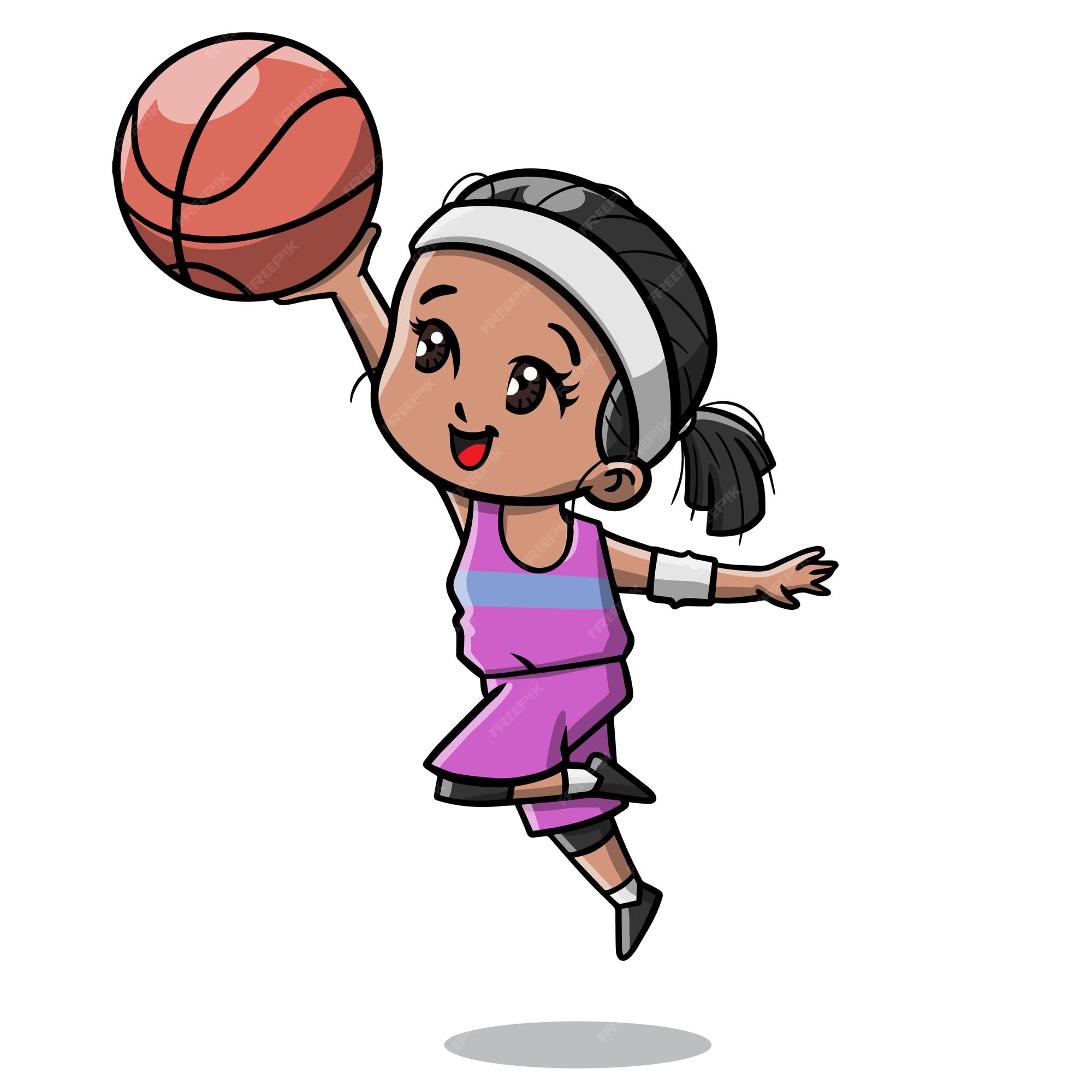 Linda garota jogando basquete desenho animado, Vetor Premium