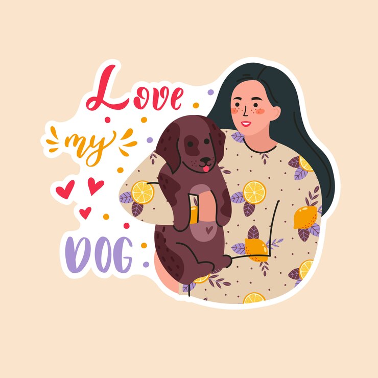 Vetor linda garota jovem sorridente com cães. mulher adorável que passa o tempo em casa com seu animal. retrato do dono do animal de estimação feliz. ilustração dos desenhos animados plana com letras amo meu cachorro
