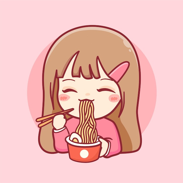 Linda garota kawaii comendo uma deliciosa xícara de macarrão