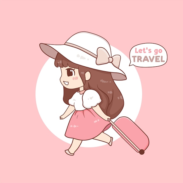 Linda garota kawaii viajando ilustração de desenho animado pessoas ícone de  férias