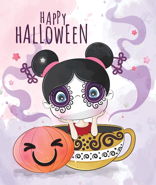 Linda garota la muerte feliz ilustração de halloween - linda garota aquarela personagem infantil