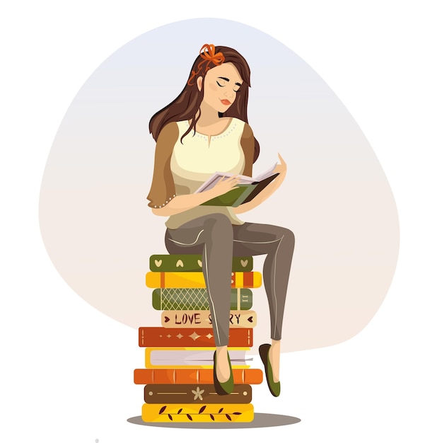 Vetor linda garota lendo livros. ilustração aconchegante e quente