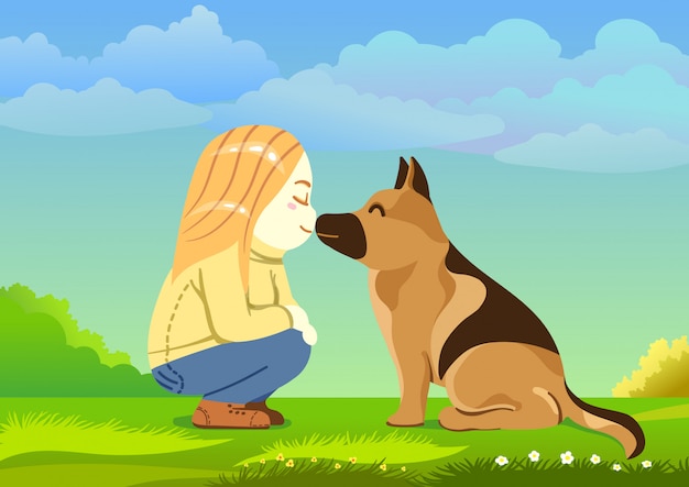 Vetor linda garota loira beijando seu cão pastor alemão, estilo cartoon feliz