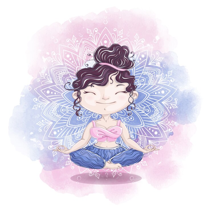 Linda garota medita em posição de lótus no fundo da mandala. Relaxamento em casa e beleza.