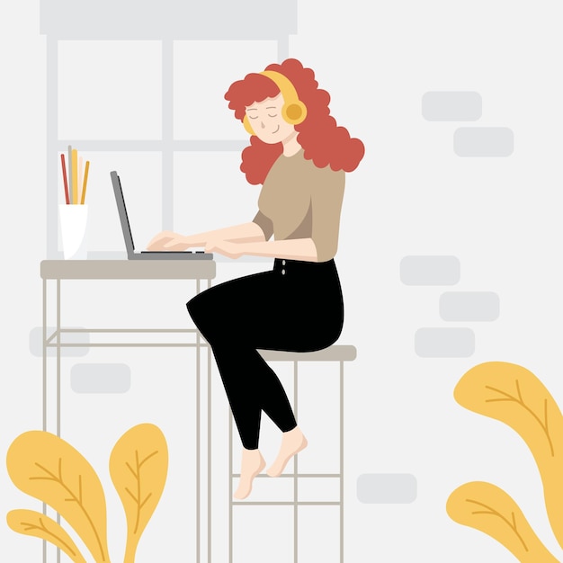 Linda garota minimalista trabalhando em arte plana em casa.