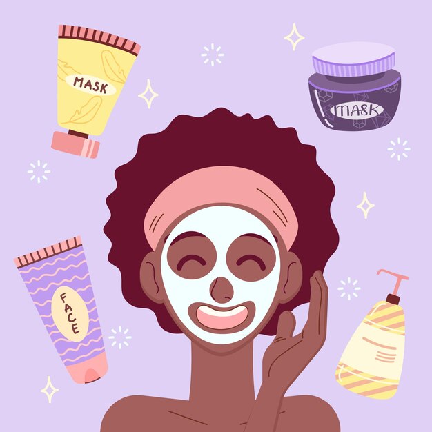Vetor linda garota negra cuida do rosto com máscara facial frascos e tubos com cosméticos cuidados com a pele