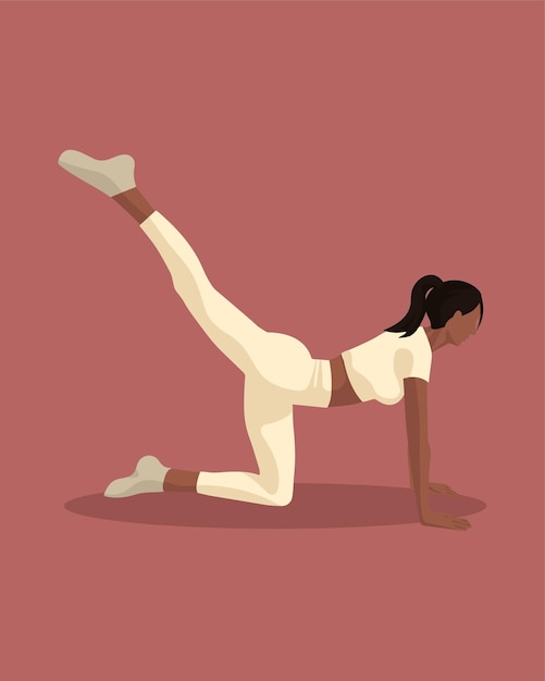 Vetor linda garota negra fazendo yoga fitness alongando-se no apartamento para banners de cartazes de webs de aplicativos