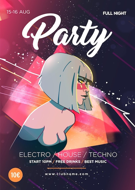 Linda garota no fundo de manchas de cores abstratas Cartaz da festa noturna do clube de dança